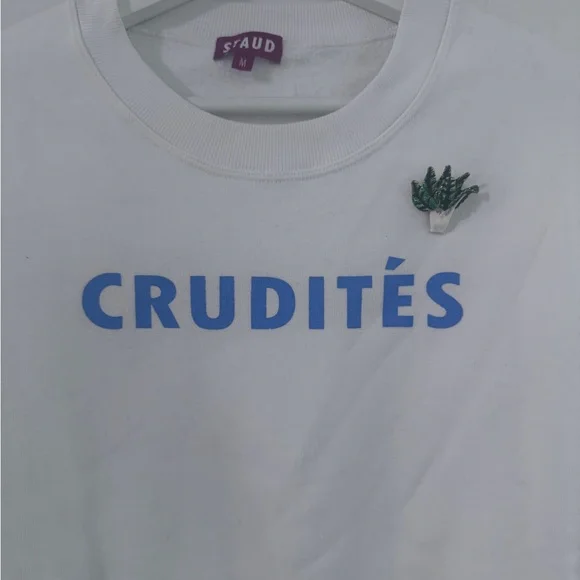 NWOT STAUD Crudités Slogan White Sweatshirt with Blue Print and Pin. - Picture 3 of 7